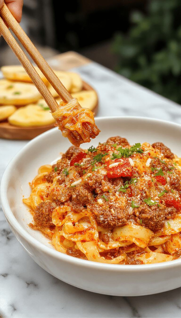 A vibrant plate of Asian-Style Ground Beef Spaghetti showcases tender ground beef mixed with colorful bell peppers, green onions, and sesame seeds, all coated in a glossy savory sauce, plated on a sleek white dish with chopsticks resting beside for an authentic touch.