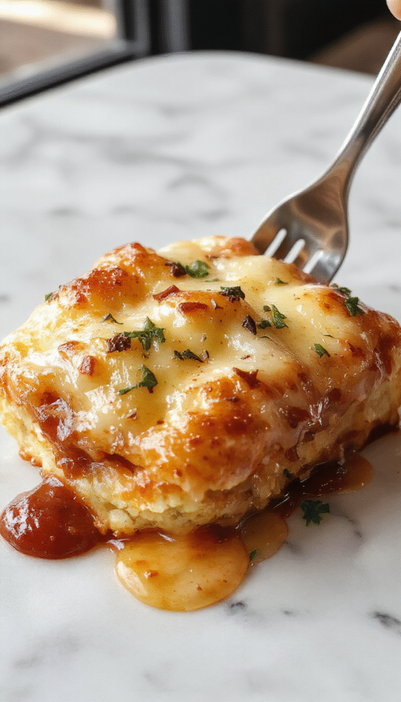 A vibrant and inviting dish featuring golden-brown biscuit chunks topped with melted cheese, pepperoni slices, and colorful bell peppers, all arranged in a rustic casserole dish with a crispy edge and gooey center, garnished with fresh herbs and served hot on a neutral table.