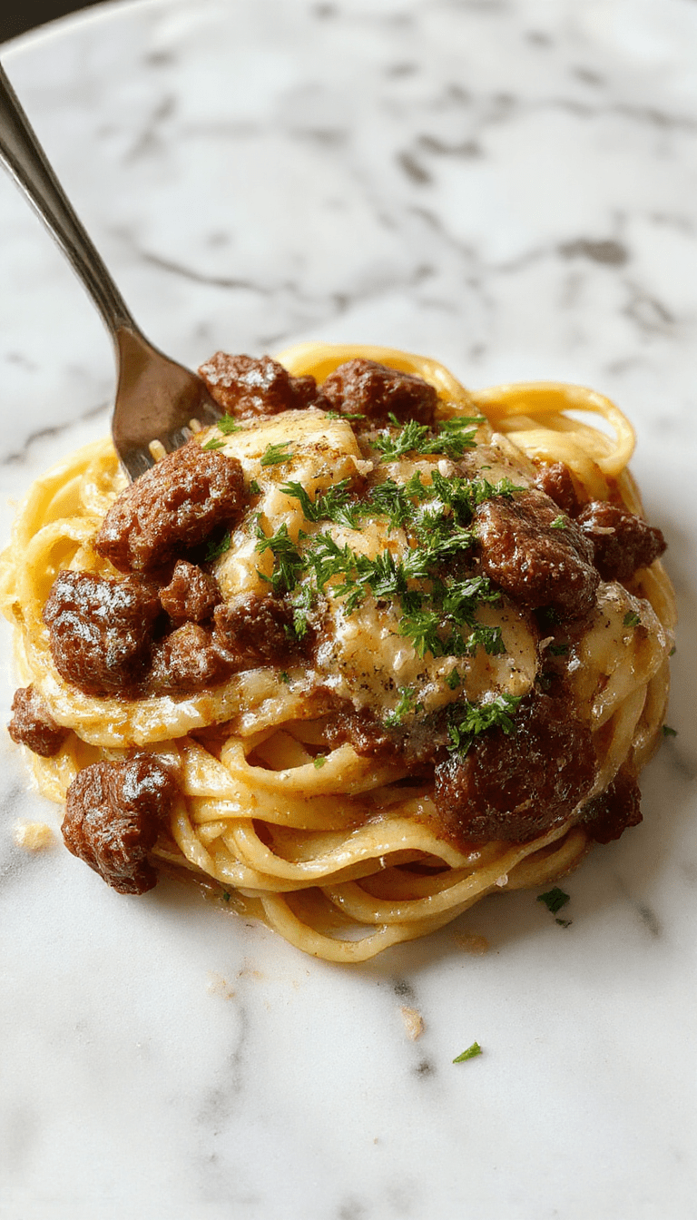 A vibrant close-up of a creamy beef and garlic butter pasta served in a rustic white bowl garnished with chopped parsley. The pasta has a rich, creamy sauce with tender beef pieces and a golden garlic butter drizzle. The background features a wooden table with scattered herbs and garlic cloves, highlighting the textures and luscious colors of the dish.