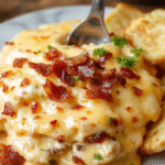 A close-up of a creamy beer cheese dip served in a rustic white bowl, topped with crispy bacon bits and a sprinkle of chopped green onions. The dip has a smooth and luscious texture with a golden-brown bacon garnish, surrounded by fresh bread slices and celery sticks on a wooden platter, with a background of a cozy kitchen setting and warm ambient lighting.