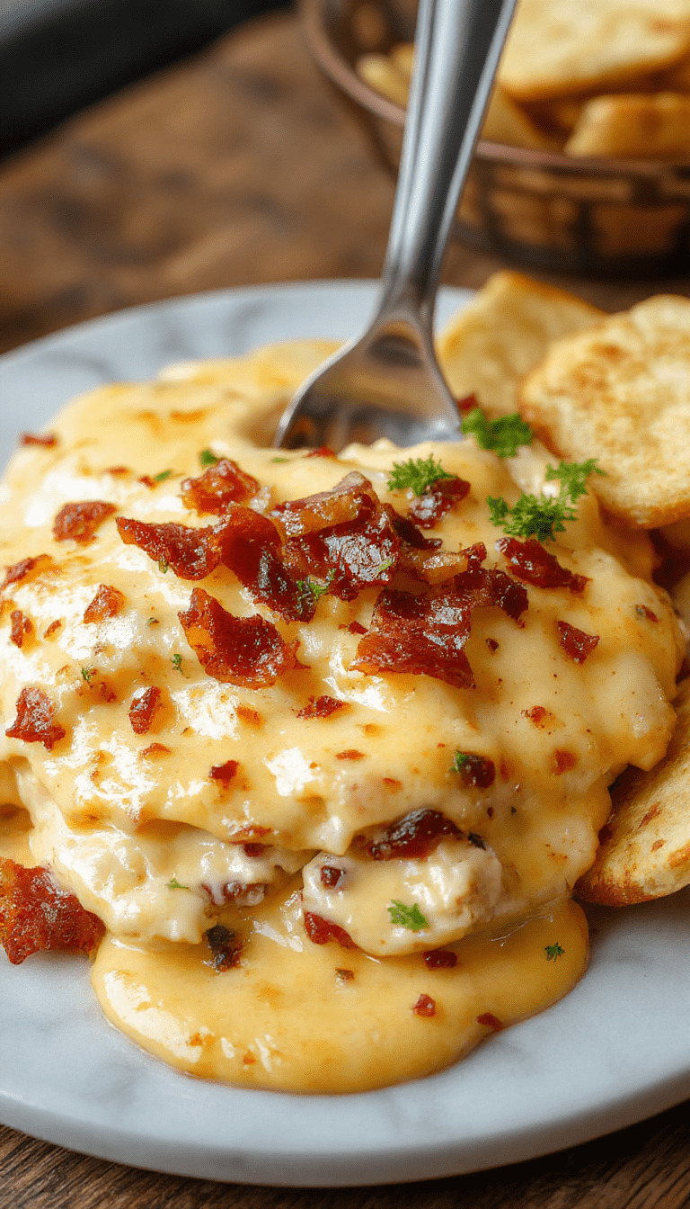 A close-up of a creamy beer cheese dip served in a rustic white bowl, topped with crispy bacon bits and a sprinkle of chopped green onions. The dip has a smooth and luscious texture with a golden-brown bacon garnish, surrounded by fresh bread slices and celery sticks on a wooden platter, with a background of a cozy kitchen setting and warm ambient lighting.