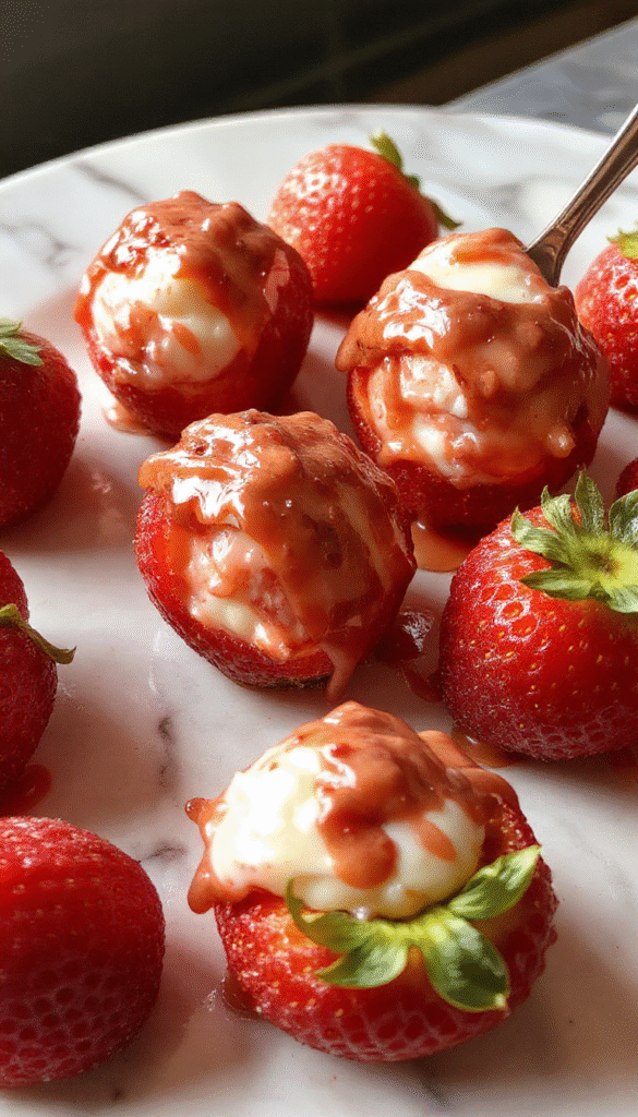 Close-up of vibrant red strawberries filled with creamy cheesecake mixture, topped with a drizzle of chocolate and garnished with mint leaves, styled on a rustic white plate with a wooden background.