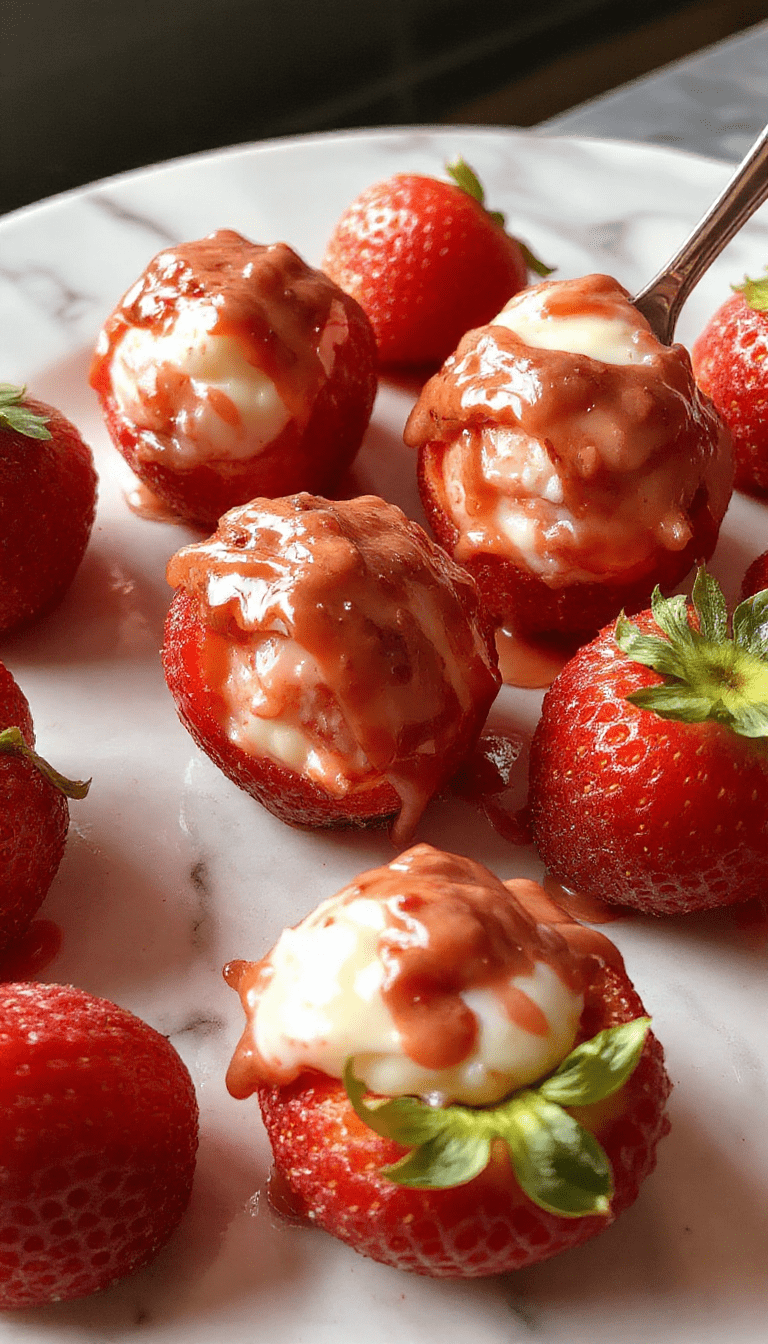 Close-up of vibrant red strawberries filled with creamy cheesecake mixture, topped with a drizzle of chocolate and garnished with mint leaves, styled on a rustic white plate with a wooden background.