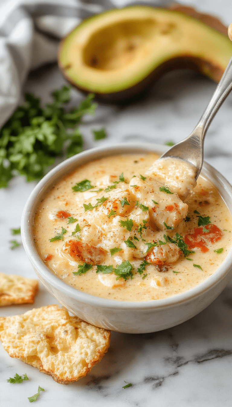 A vibrant bowl of creamy chicken enchilada soup featuring shredded chicken, melted cheese, and garnished with cilantro and jalapenos, served with warm tortillas on a rustic wooden table