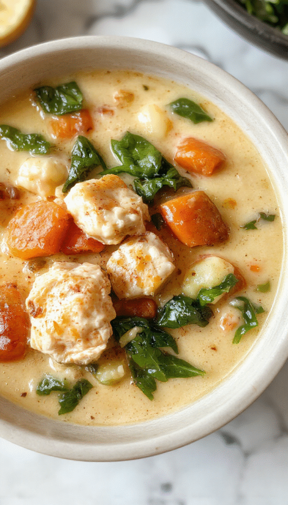 A vibrant bowl of creamy chicken pasta soup featuring tender shredded chicken, bright orange carrot slices, and fresh spinach leaves, all in a rich, velvety broth. The dish is garnished with grated cheese and a sprinkle of herbs, served on a rustic wooden table with a spoon resting beside it, showcasing a colorful, inviting, and steaming hot comfort food.