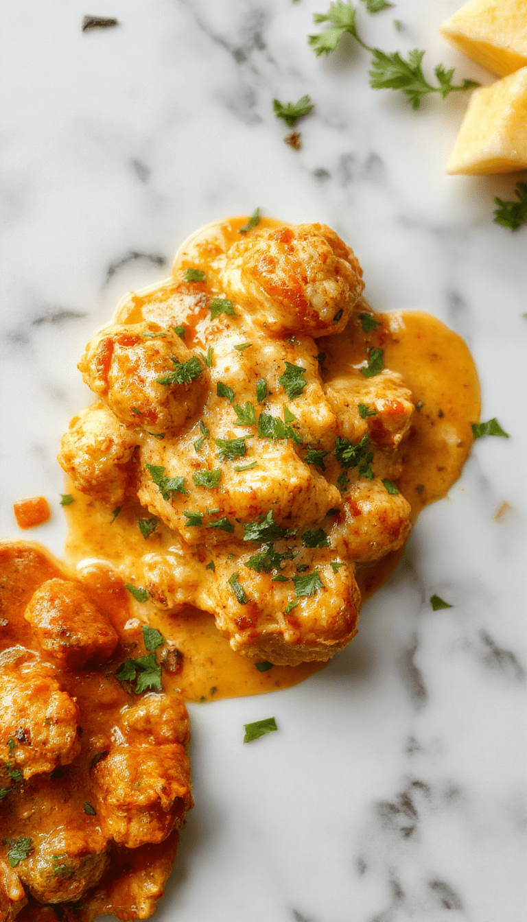A vibrant bowl of chicken tikka masala garnished with fresh cilantro, showcasing tender grilled chicken in a rich, orange-red creamy tomato sauce. The dish is plated elegantly with naan bread on the side, highlighting its glossy texture and aromatic spices.