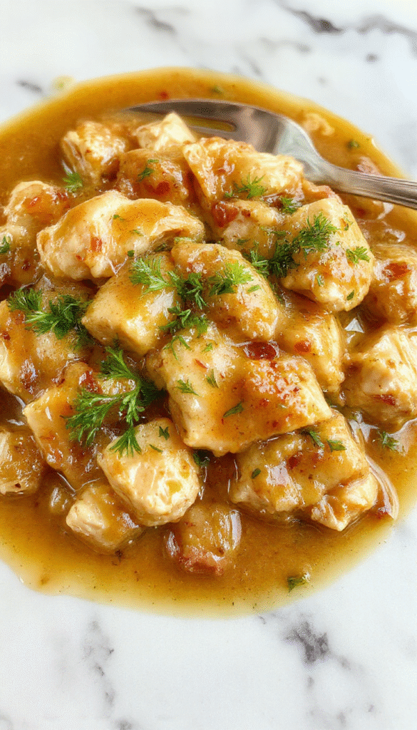 A rustic white plate showcasing tender chicken breasts smothered in rich, velvety gravy. The dish is garnished with fresh herbs and served alongside buttery mashed potatoes and steamed vegetables. The background features a cozy kitchen setting with warm lighting, highlighting the glossy gravy and the crispy edges of the chicken.