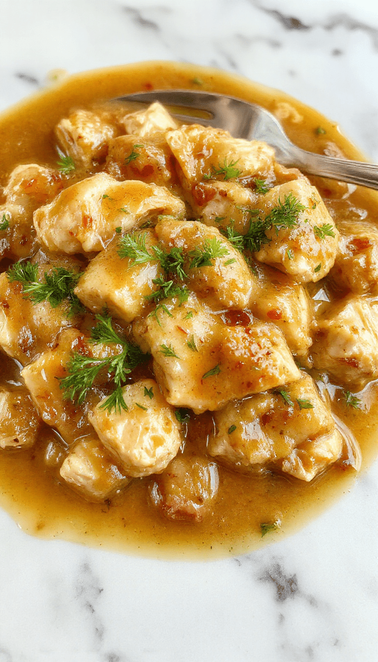 A rustic white plate showcasing tender chicken breasts smothered in rich, velvety gravy. The dish is garnished with fresh herbs and served alongside buttery mashed potatoes and steamed vegetables. The background features a cozy kitchen setting with warm lighting, highlighting the glossy gravy and the crispy edges of the chicken.