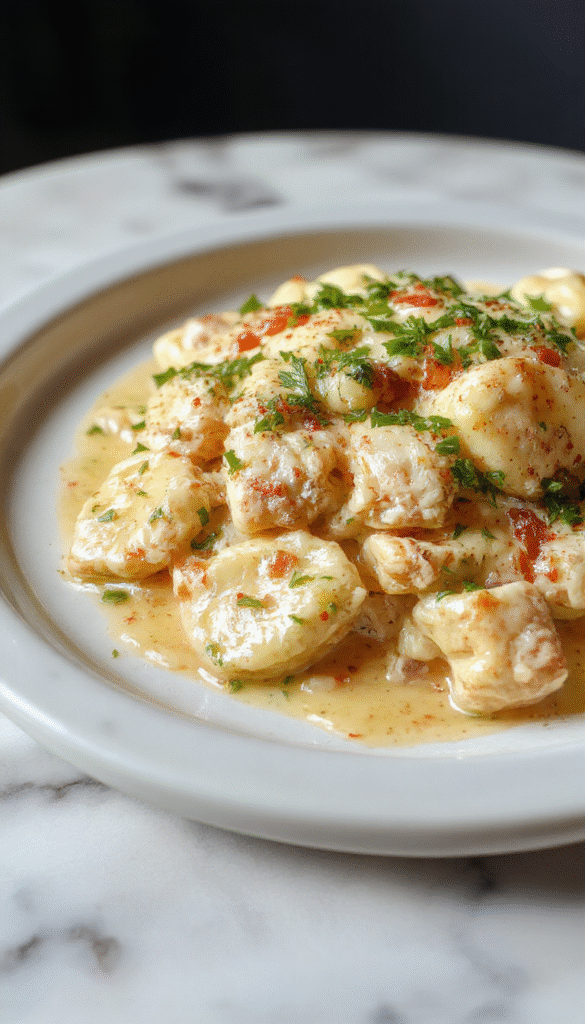A vibrant plate featuring creamy chicken and tortellini pasta garnished with fresh herbs. The dish showcases tender chicken pieces coated in a rich, creamy sauce, nestled among perfectly cooked tortellini. The presentation includes a colorful backdrop with basil leaves and a sprinkle of grated Parmesan, emphasizing textures and inviting warmth.