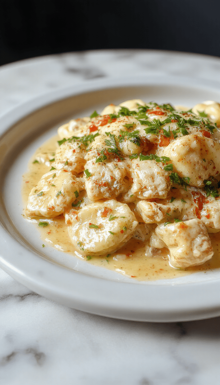 A vibrant plate featuring creamy chicken and tortellini pasta garnished with fresh herbs. The dish showcases tender chicken pieces coated in a rich, creamy sauce, nestled among perfectly cooked tortellini. The presentation includes a colorful backdrop with basil leaves and a sprinkle of grated Parmesan, emphasizing textures and inviting warmth.