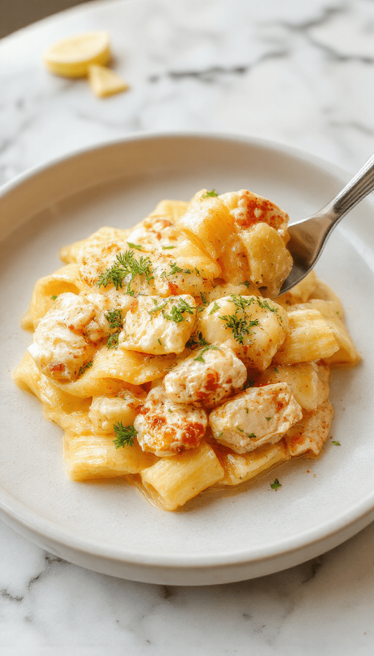 A vibrant plate of creamy cowboy butter chicken linguine featuring tender chicken pieces coated in a rich buttery sauce, garnished with fresh herbs and served on a rustic wooden table with a backdrop of colorful ingredients, showcasing glossy noodles and savory textures.