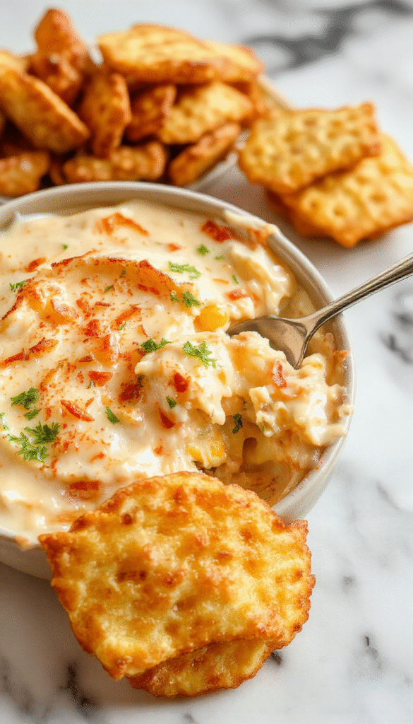 A vibrant close-up of Crack Corn Dip served in a rustic bowl garnished with chopped green onions and shredded cheese. The dip has a creamy, cheesy texture with flecks of crispy corn, topped with fresh herbs. Surrounding the bowl are crunchy tortilla chips and colorful sliced vegetables, styled on a wooden table to evoke a warm, inviting party atmosphere.