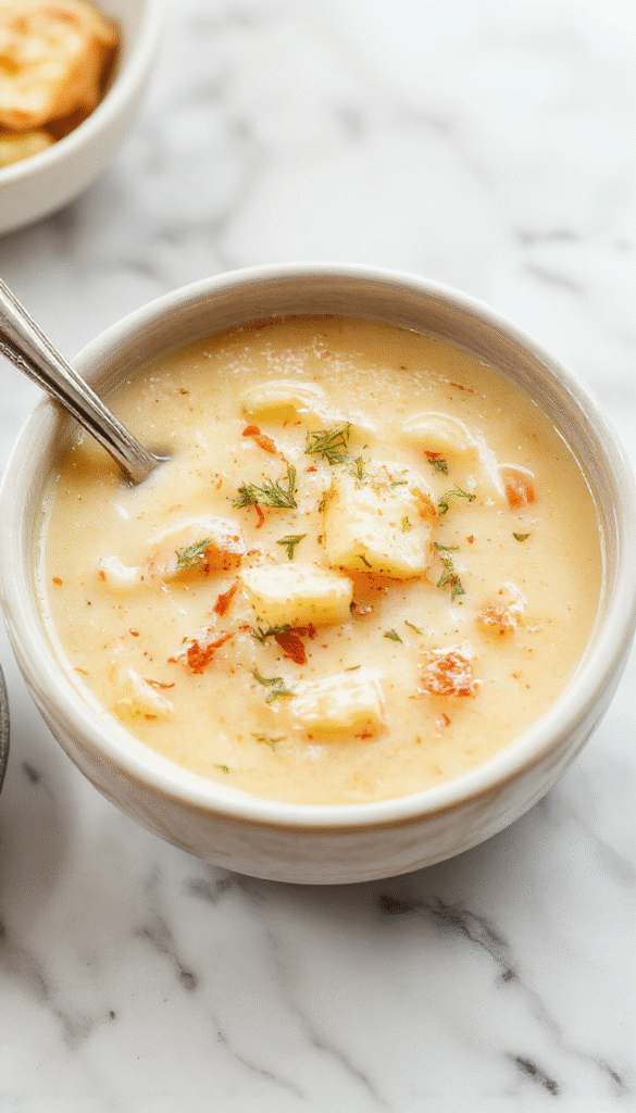 A cozy bowl of creamy potato soup topped with crispy bacon bits, chopped green onions, and shredded cheese, served on a rustic wooden table with a side of crusty bread, capturing warm tones and inviting textures.