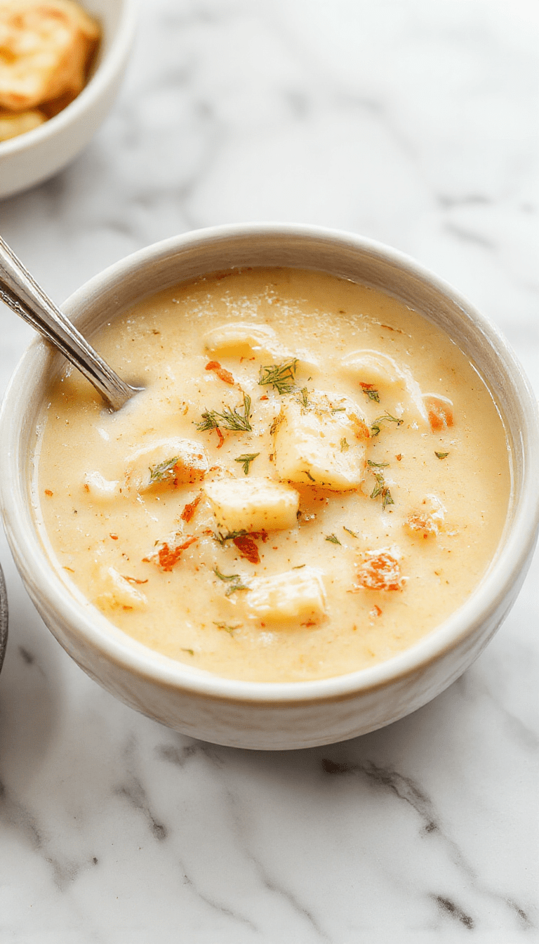A cozy bowl of creamy potato soup topped with crispy bacon bits, chopped green onions, and shredded cheese, served on a rustic wooden table with a side of crusty bread, capturing warm tones and inviting textures.