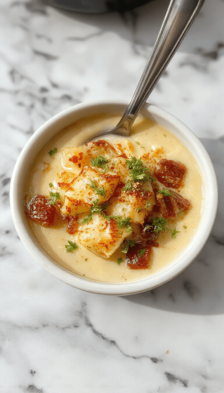 A steaming bowl of creamy potato soup topped with crispy hashbrowns, garnished with fresh herbs, served on a rustic wooden table with a spoon and a side of toasted bread, the rich texture and golden toppings enticingly visible.