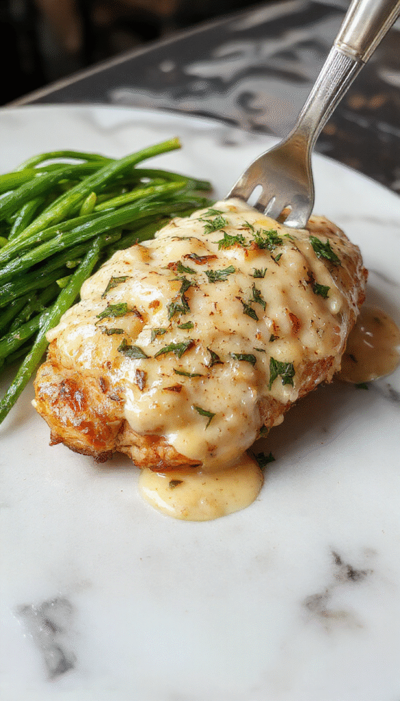 A close-up of a skillet filled with golden-brown chicken breasts topped with a rich, creamy garlic Parmesan sauce, garnished with chopped parsley, served on a rustic white plate with a sprig of fresh parsley on a dark wooden table, showing a glossy sauce with hints of garlic and melted Parmesan cheese highlighting the crispy edges of the chicken.