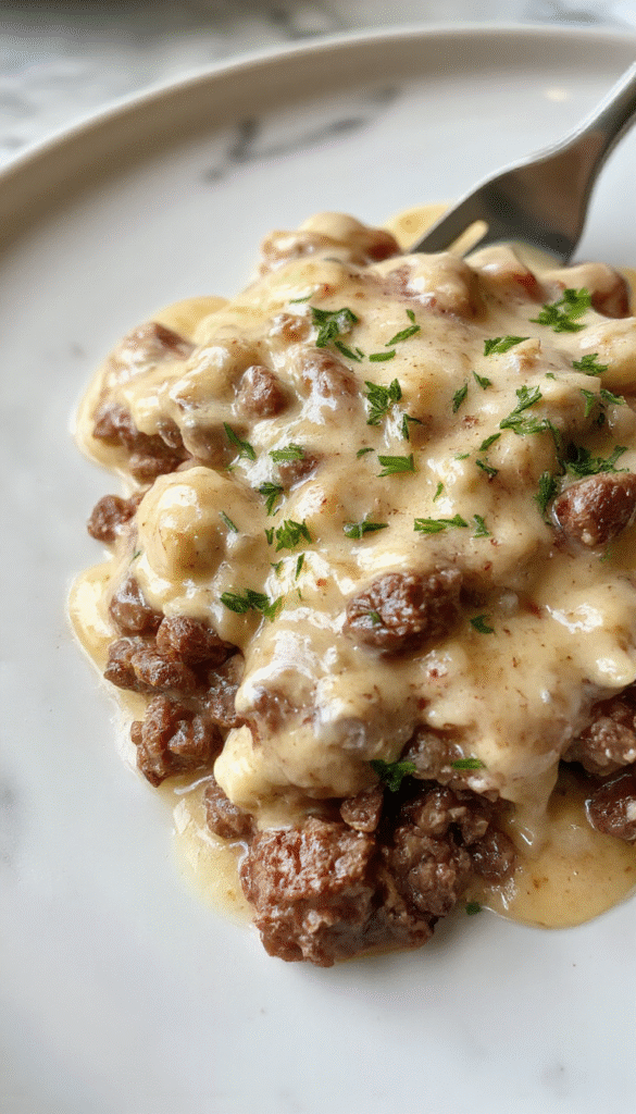 A close-up of a creamy beef stroganoff served in a rustic white bowl, topped with fresh parsley. The dish features tender ground beef in a rich, smooth mushroom and sour cream sauce, garnished with chopped herbs. The background showcases a wooden table with a spoon and a slice of crusty bread, emphasizing comfort food appeal.
