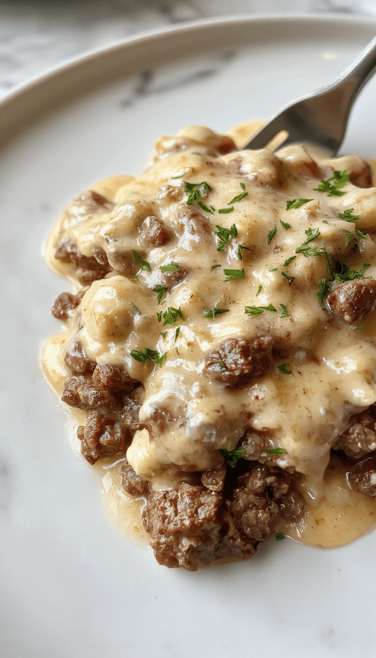 A close-up of a creamy beef stroganoff served in a rustic white bowl, topped with fresh parsley. The dish features tender ground beef in a rich, smooth mushroom and sour cream sauce, garnished with chopped herbs. The background showcases a wooden table with a spoon and a slice of crusty bread, emphasizing comfort food appeal.