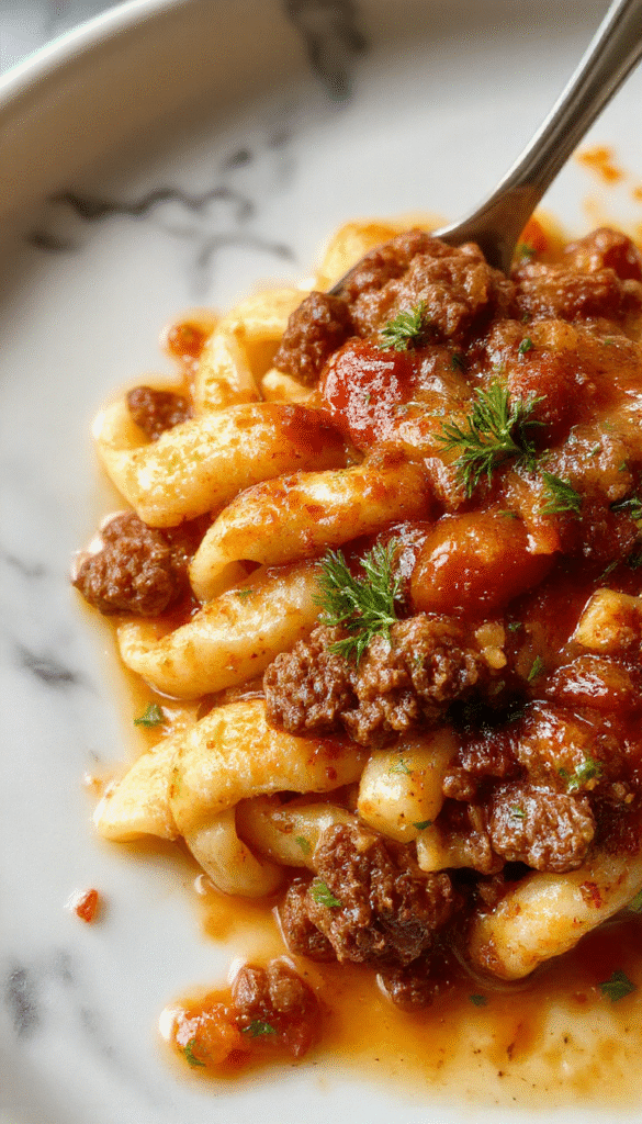 A vibrant plate featuring tender ground beef mixed with al dente orzo pasta, topped with a luscious tomato cream sauce, garnished with fresh herbs, served on a white ceramic plate with a rustic wooden background, highlighting the creamy texture and colorful ingredients.