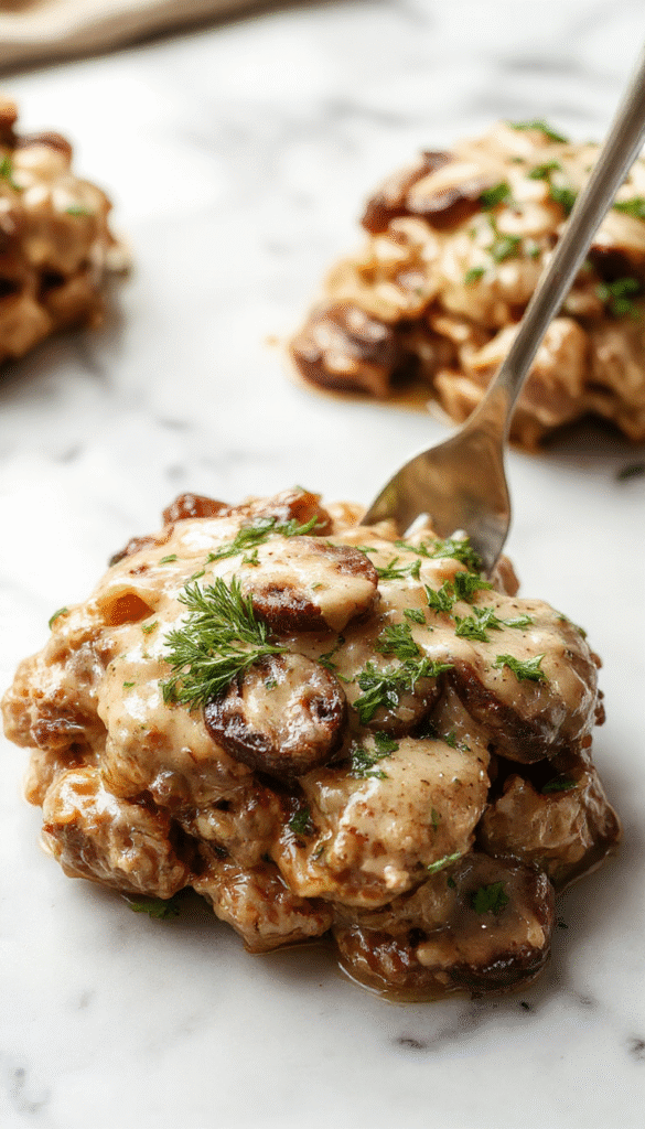 A close-up of a beautifully plated creamy mushroom chicken dish featuring tender chicken breasts topped with a rich, velvety mushroom sauce. The dish is garnished with fresh herbs and served on a rustic white plate, showcasing the glossy, flavorful sauce and sautéed mushroom slices. The background features a vibrant, colorful table setting with fresh herbs and bread slices on the side, evoking a cozy and inviting dining atmosphere.