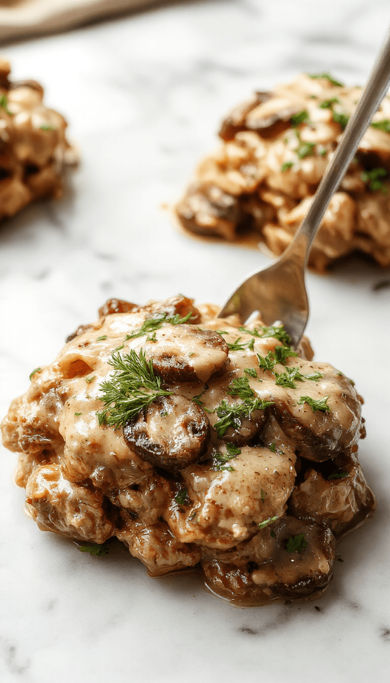 A close-up of a beautifully plated creamy mushroom chicken dish featuring tender chicken breasts topped with a rich, velvety mushroom sauce. The dish is garnished with fresh herbs and served on a rustic white plate, showcasing the glossy, flavorful sauce and sautéed mushroom slices. The background features a vibrant, colorful table setting with fresh herbs and bread slices on the side, evoking a cozy and inviting dining atmosphere.