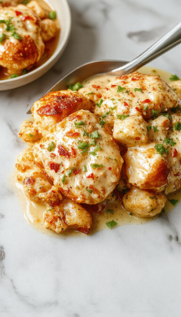 A vibrant plated skillet featuring juicy chicken breasts smothered in creamy pepperoncini sauce, garnished with fresh herbs, with golden-brown edges on the chicken, glossy sauce with slices of pepperoncini peppers, and a rustic wooden table backdrop.