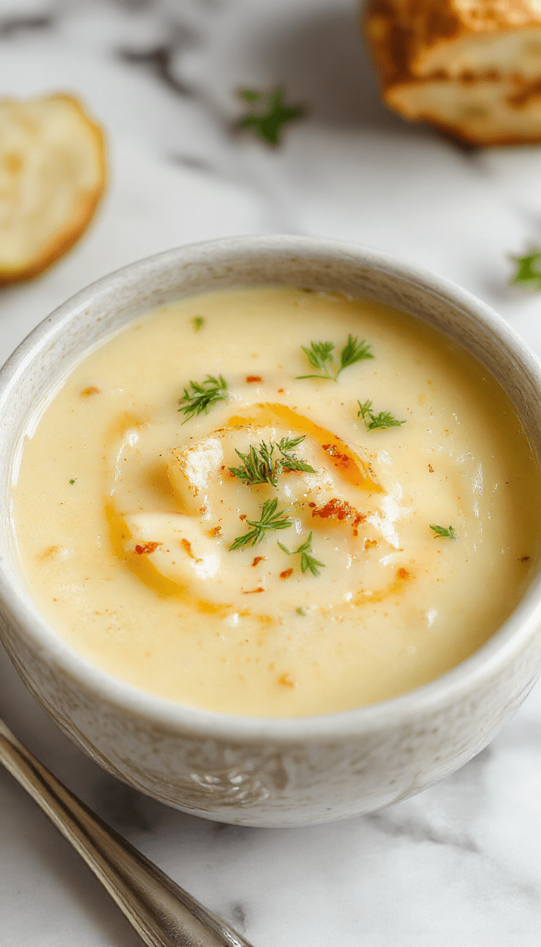 A bowl of creamy potato soup topped with chopped chives and a dollop of sour cream, served on a rustic wooden table with crusty bread on the side. The soup has a smooth, velvety texture with golden-brown potato pieces visible, garnished beautifully with fresh herbs, creating an inviting and warm presentation.