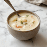 A rustic white bowl filled with thick, creamy potato soup garnished with chopped chives, crispy bacon bits, and a swirl of cream. The soup showcases a velvety texture with visible chunks of tender potatoes, served on a wooden table alongside crusty bread and fresh herbs. The background includes a cozy kitchen setting, emphasizing warmth and homestyle comfort.