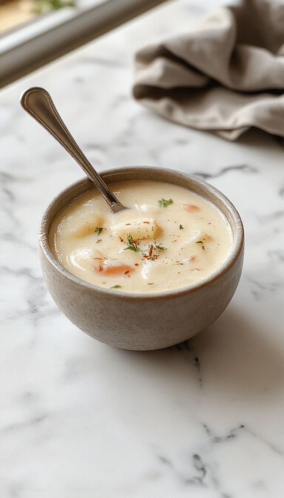 A rustic white bowl filled with thick, creamy potato soup garnished with chopped chives, crispy bacon bits, and a swirl of cream. The soup showcases a velvety texture with visible chunks of tender potatoes, served on a wooden table alongside crusty bread and fresh herbs. The background includes a cozy kitchen setting, emphasizing warmth and homestyle comfort.