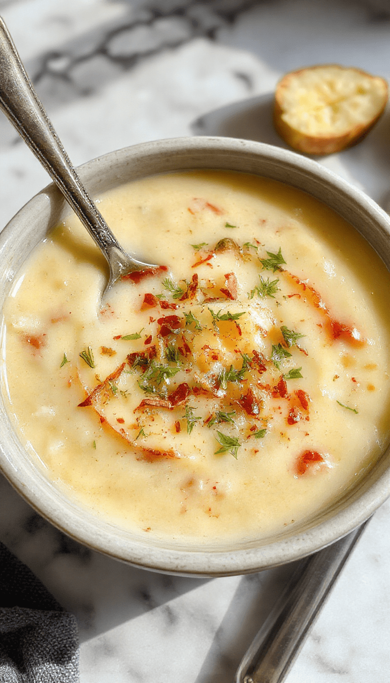 A warm bowl of creamy potato soup topped with fresh chopped chives and crispy bacon bits, surrounded by rustic bread slices on a wooden table, steam rising gently, vibrant yellow and white colors contrasting with the dark background, inviting and homely presentation.