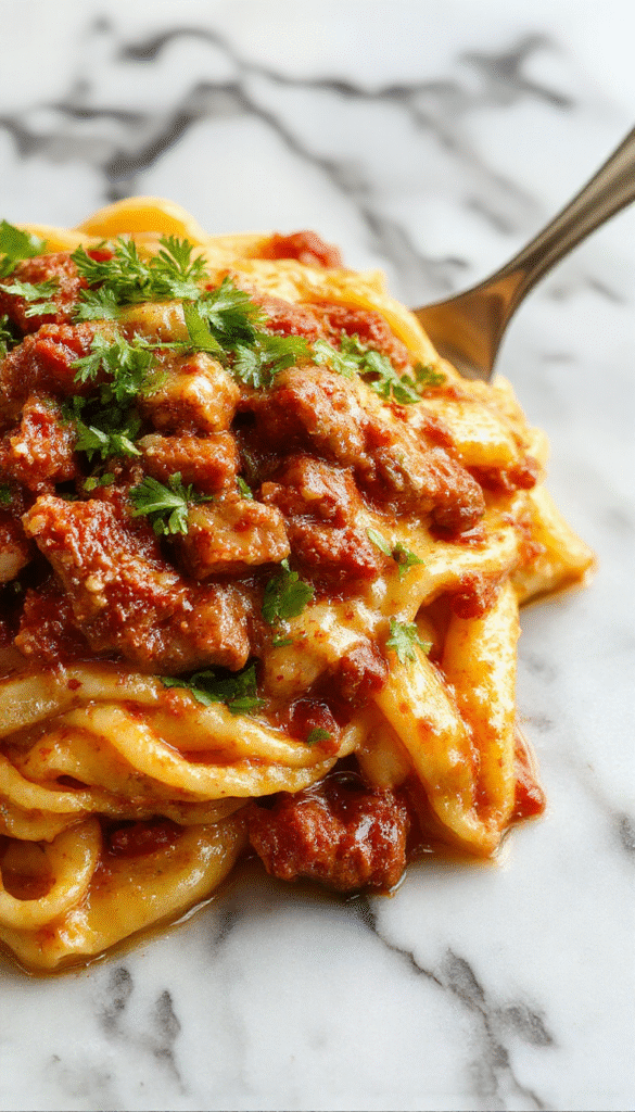 A vibrant bowl of creamy Rotel pasta topped with seasoned ground beef and melted cheese, garnished with fresh cilantro. The pasta is coated in a rich, cheesy sauce with hints of chili, served on a rustic white plate against a wooden table background, with a sprig of herbs adding color and appeal.