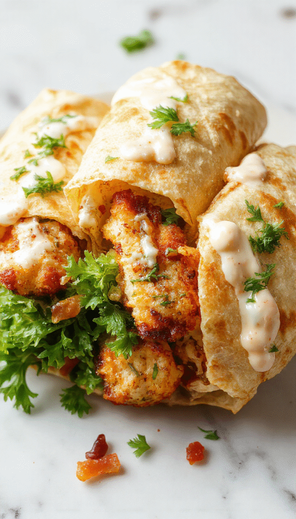 A vibrant plate featuring a crispy chicken bacon ranch wrap sliced open to reveal juicy chicken, crispy bacon, fresh lettuce, and creamy ranch sauce, all wrapped in a golden-brown tortilla, garnished with chopped herbs and served on a rustic wooden board.