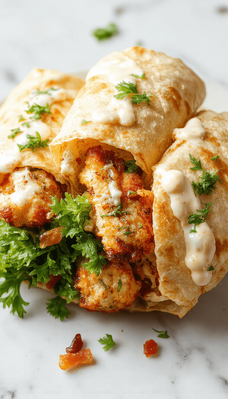 A vibrant plate featuring a crispy chicken bacon ranch wrap sliced open to reveal juicy chicken, crispy bacon, fresh lettuce, and creamy ranch sauce, all wrapped in a golden-brown tortilla, garnished with chopped herbs and served on a rustic wooden board.