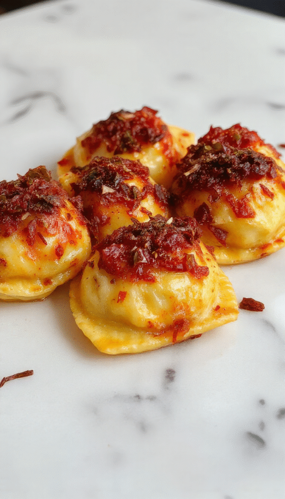 Golden-brown toasted ravioli with crispy edges and a crunchy exterior arranged on a white ceramic plate, served with a side of marinara dipping sauce, garnished with fresh chopped parsley. The ravioli are evenly coated and steam gently emitting from the hot snack, highlighting their crispy texture and savory filling.