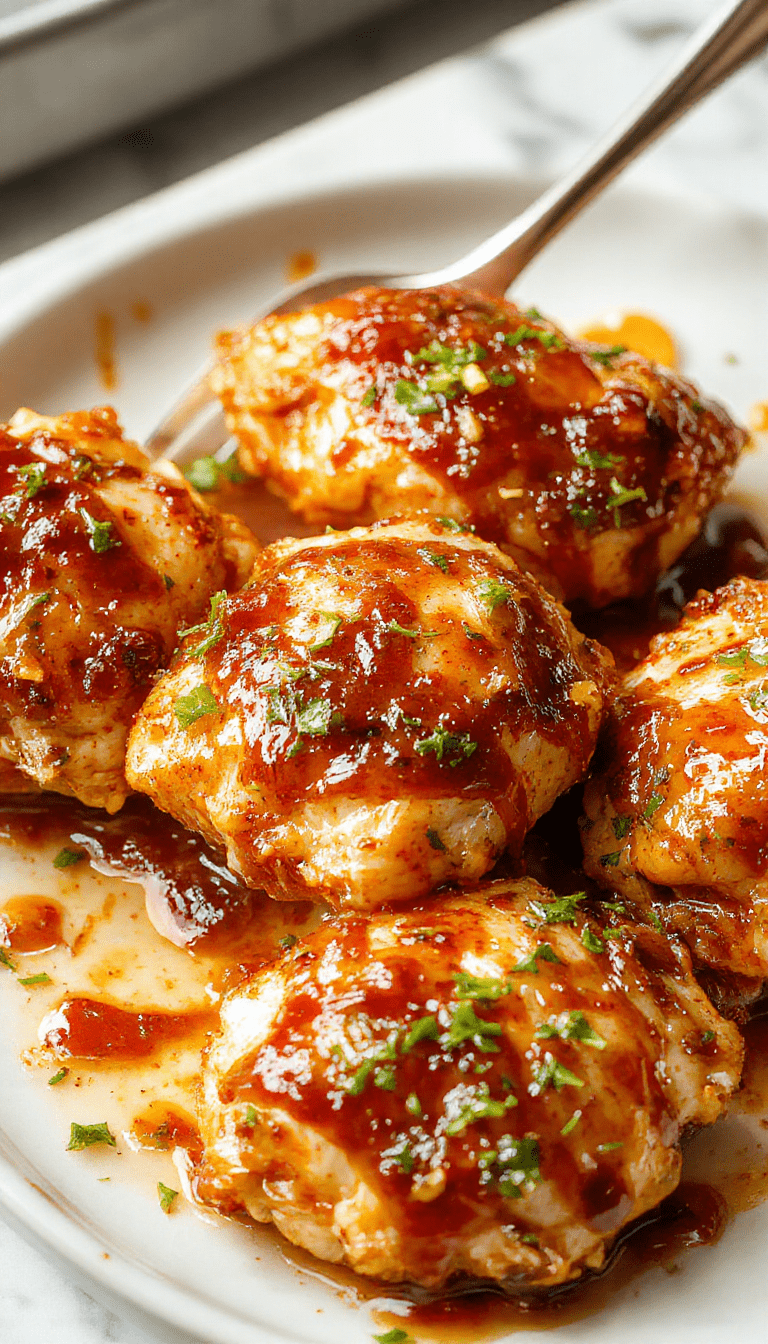 A golden-brown baked chicken dish topped with crispy coating and drizzled with glossy hot honey sauce, garnished with red pepper flakes and fresh herbs, served on a white plate with a rustic wooden background.