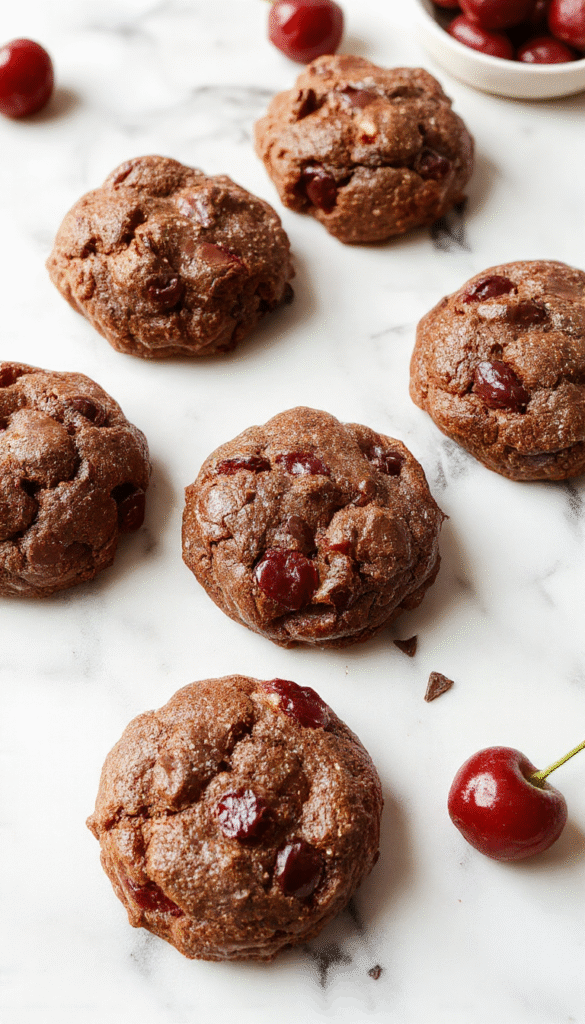A close-up of gourmet chocolate cherry cookies arranged on a rustic plate, showcasing glossy dark chocolate coating and vibrant red cherry pieces, with a textured wooden background and subtle lighting highlighting their rich textures and juicy cherries.