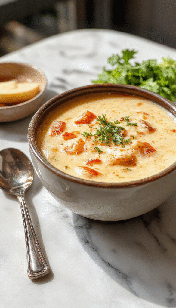 A steaming bowl of creamy chicken enchilada soup with a vibrant red-orange hue, topped with melted cheese, fresh cilantro, and sliced jalapenos. The soup is presented in a rustic white bowl on a wooden table with a spoon, alongside corn tortillas and lime wedges, evoking a warm and inviting Mexican-inspired meal.