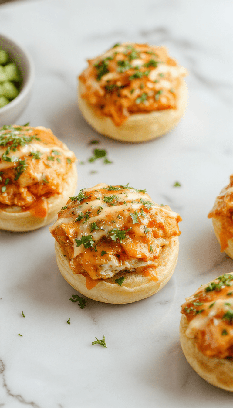 A close-up of golden-brown chicken sliders topped with vibrant orange buffalo sauce, crispy lettuce, and creamy dressing, served on a rustic wooden platter with colorful garnishes.