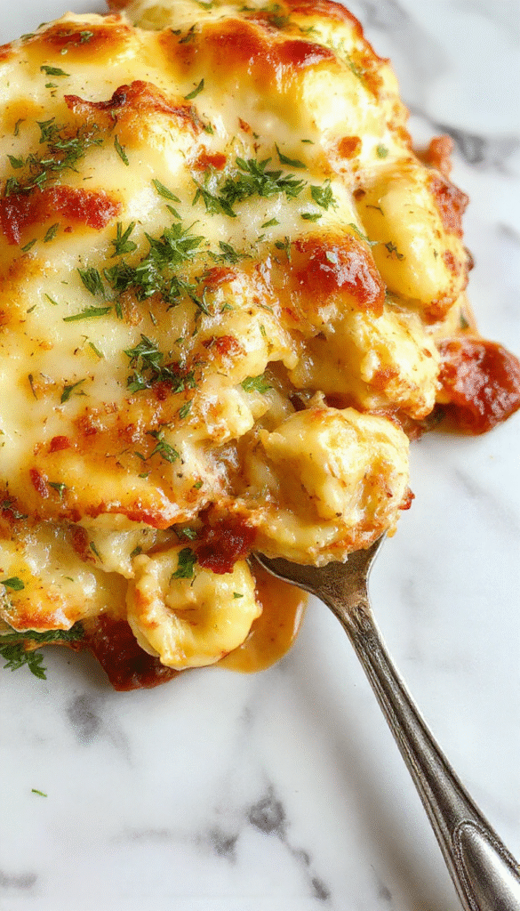 A vibrant plate of baked tortellini casserole featuring golden melted cheese on top, tender tortellini pasta surrounded by a creamy sauce, garnished with chopped herbs, arranged on a rustic white plate with a colorful background and sprinkled with fresh basil.