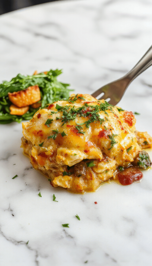 A close-up shot of a steaming, golden-brown chicken casserole layered with melted cheese, fresh herbs, and creamy sauce, served in a rustic white dish on a wooden table with a sprig of parsley on top.