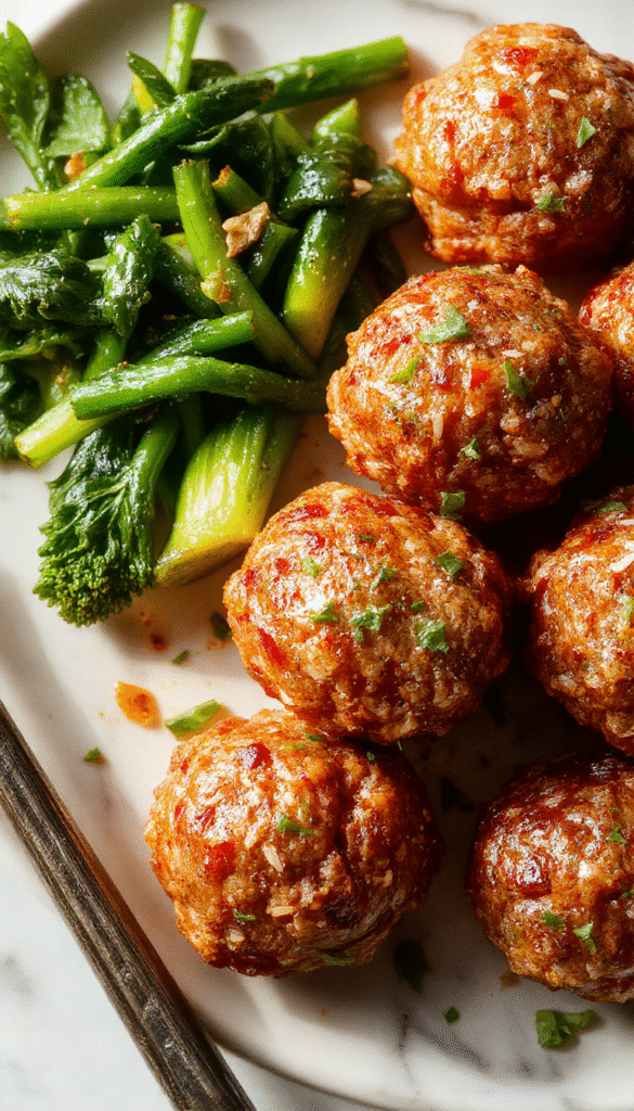 Colorful plate featuring glossy, tender Mongolian meatballs coated in a rich, savory brown sauce, garnished with chopped green onions and sesame seeds, arranged neatly on a white dish with a dark background, emphasizing the flavorful glaze and textured meatballs.