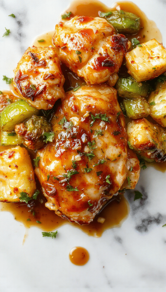 A vibrant plate featuring tender shredded chicken glazed with glossy honey garlic sauce, paired with colorful roasted vegetables like carrots and broccoli, arranged beautifully on a rustic ceramic plate with fresh herbs sprinkled on top, set against a cozy kitchen backdrop.