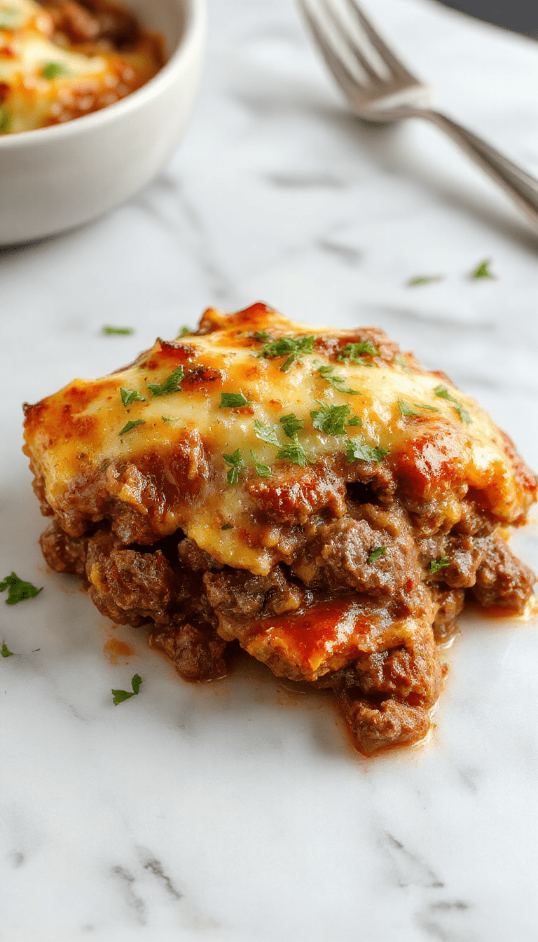 A colorful hobo casserole served in a rustic baking dish, featuring a golden-brown cheesy top, vibrant vegetables, seasoned ground beef, and a savory sauce, styled with fresh herbs on a wooden table.