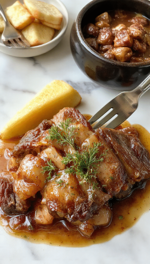 A hearty and savory Mississippi Pot Roast served on a rustic wooden platter. The dish features tender beef roast glazed with a rich gravy, topped with melted peppers and herbs. The glossy sauce glistens under warm lighting, surrounded by fresh herbs and steaming side vegetables, with a backdrop of a cozy kitchen setting and casual table styling.