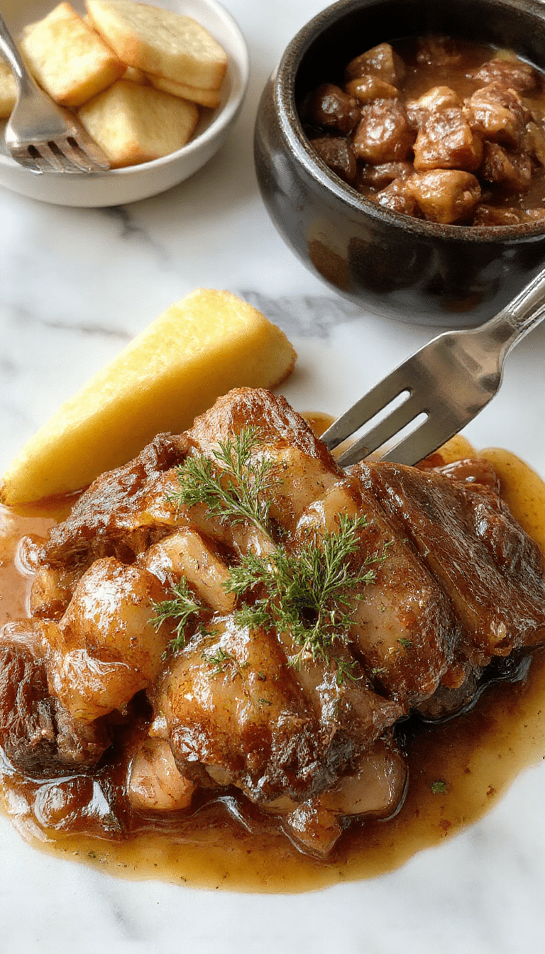 A hearty and savory Mississippi Pot Roast served on a rustic wooden platter. The dish features tender beef roast glazed with a rich gravy, topped with melted peppers and herbs. The glossy sauce glistens under warm lighting, surrounded by fresh herbs and steaming side vegetables, with a backdrop of a cozy kitchen setting and casual table styling.