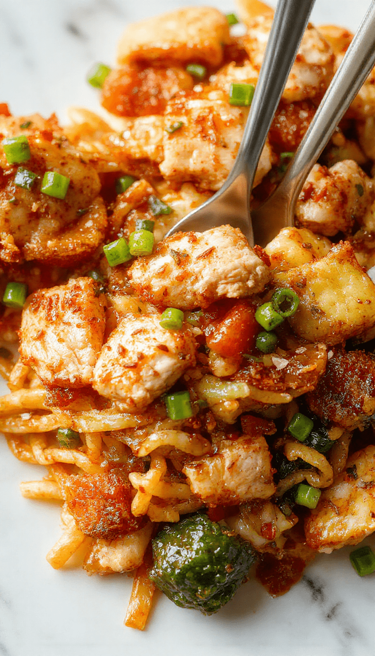 A vibrant plate of chicken chow mein featuring golden-brown chicken pieces, stir-fried noodles with colorful bell peppers, crisp carrots, and green onions. The dish is garnished with sesame seeds and chopped cilantro, presented on a rustic wooden table with a glossy sauce coating the ingredients, highlighting textures and freshness.