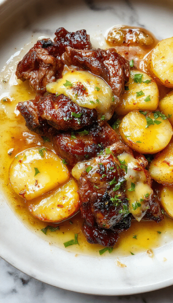 Colorful skillet meal featuring perfectly seared steak coated in golden garlic butter, nestled alongside crispy roasted potatoes garnished with fresh herbs, all beautifully plated with a rustic wooden background and vibrant garnishes.