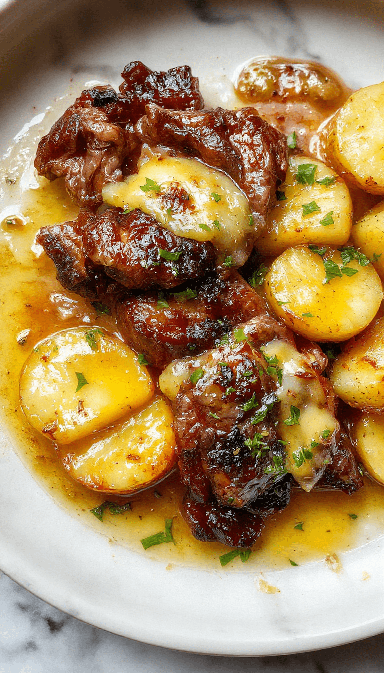 Colorful skillet meal featuring perfectly seared steak coated in golden garlic butter, nestled alongside crispy roasted potatoes garnished with fresh herbs, all beautifully plated with a rustic wooden background and vibrant garnishes.