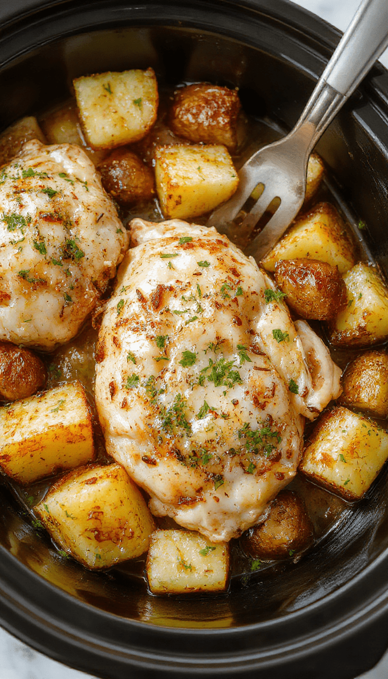 A rustic white plate featuring tender garlic parmesan chicken nestled alongside golden roasted potatoes. The dish is garnished with freshly chopped parsley, showing a glossy, savory sauce coating the chicken and crispy potatoes. The background features a wooden table with some garlic cloves and sprinkled parmesan cheese, styled to evoke a warm, comforting meal ready to serve.