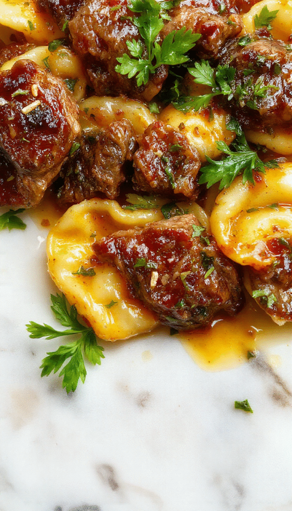 A close-up shot of a vibrant plate featuring cheesy tortellini pasta coated in a rich garlic and beef sauce, garnished with fresh herbs, with a rustic wooden background and a drizzle of olive oil for a glossy finish.